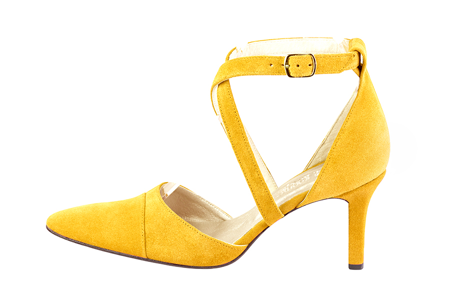 Yellow women's open side shoes, with crossed straps. Tapered toe. High slim heel. Profile view - Florence KOOIJMAN